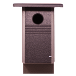 Brown birdhouse with a round entrance hole on a white background