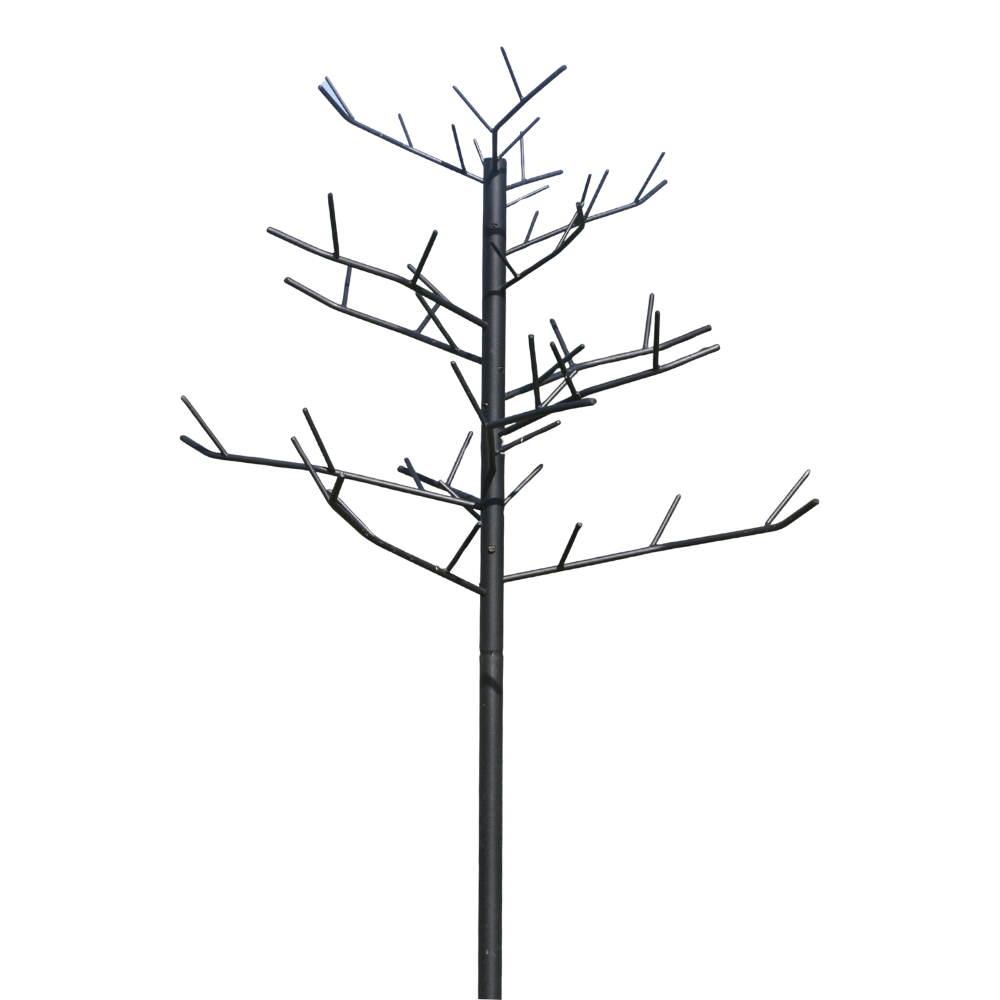 Decorative Multi-Feeder steel tree sculpture with branch-like extensions on a white background