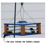 Deluxe Bluebird feeder with a bird on a white background, text 'Tell your friends: the buffet's closed.'