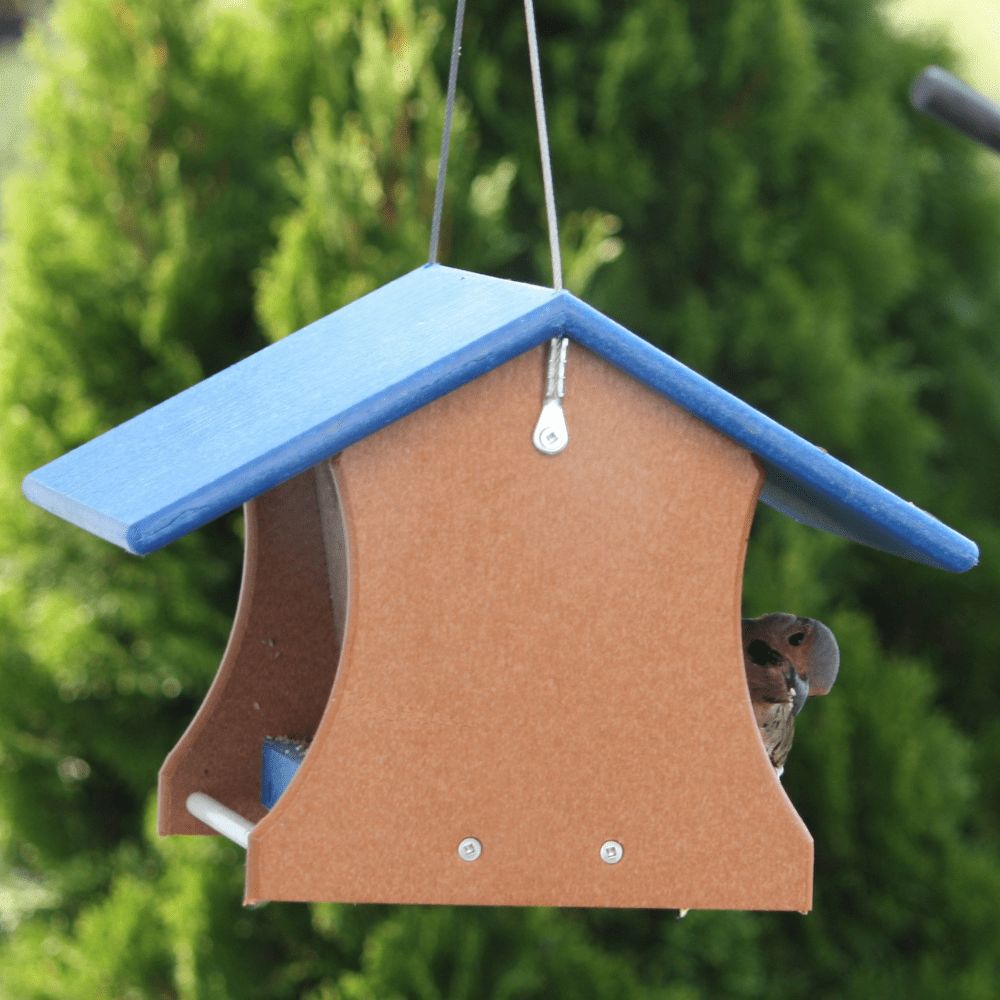 Bird feeder with a blue roof and brown body, hanging against a green tree background.
