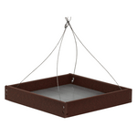 Brown bird feeder with metal tray on a white background