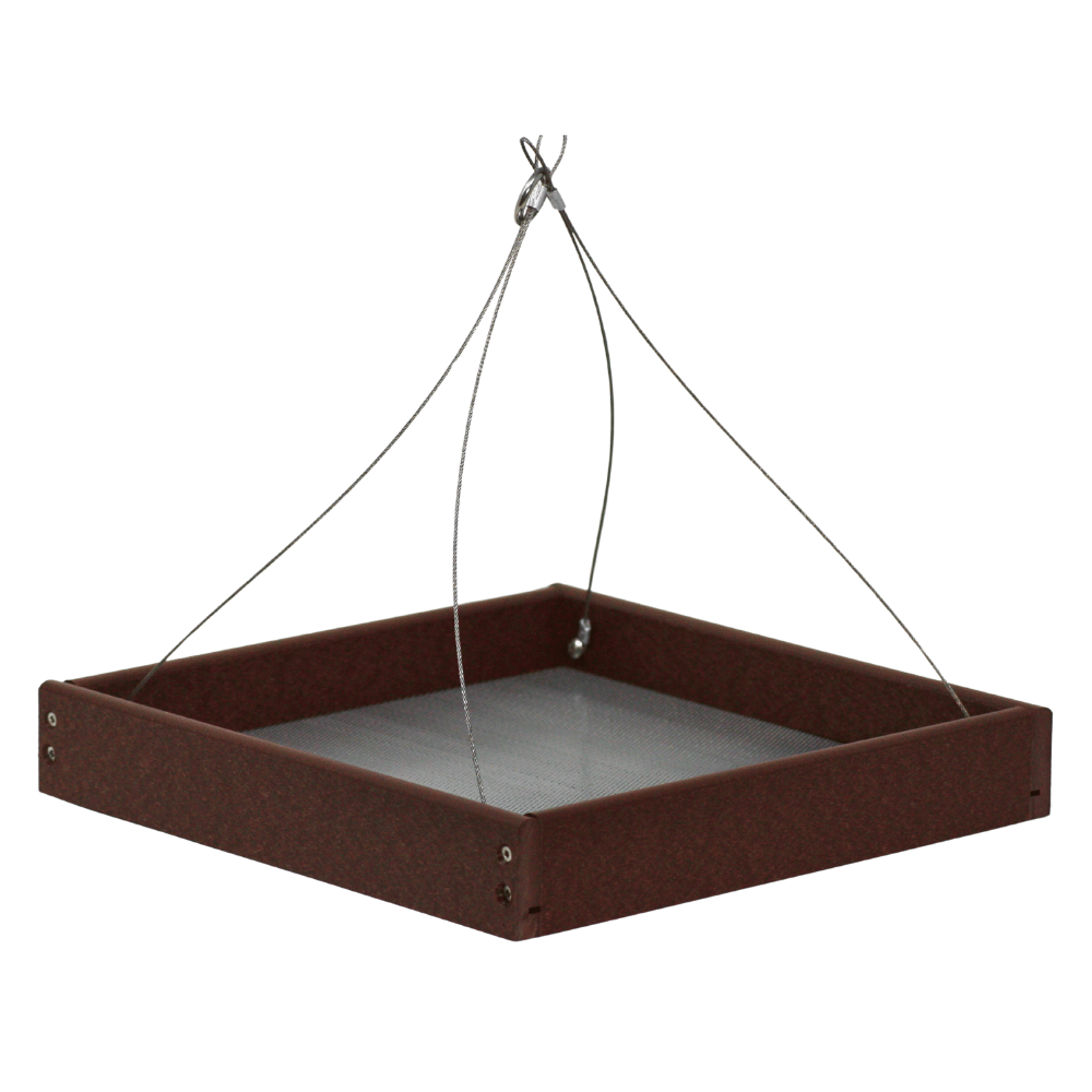 Brown bird feeder with metal tray on a white background