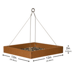 Square bird feeder with dimensions and hanging mechanism on a white background