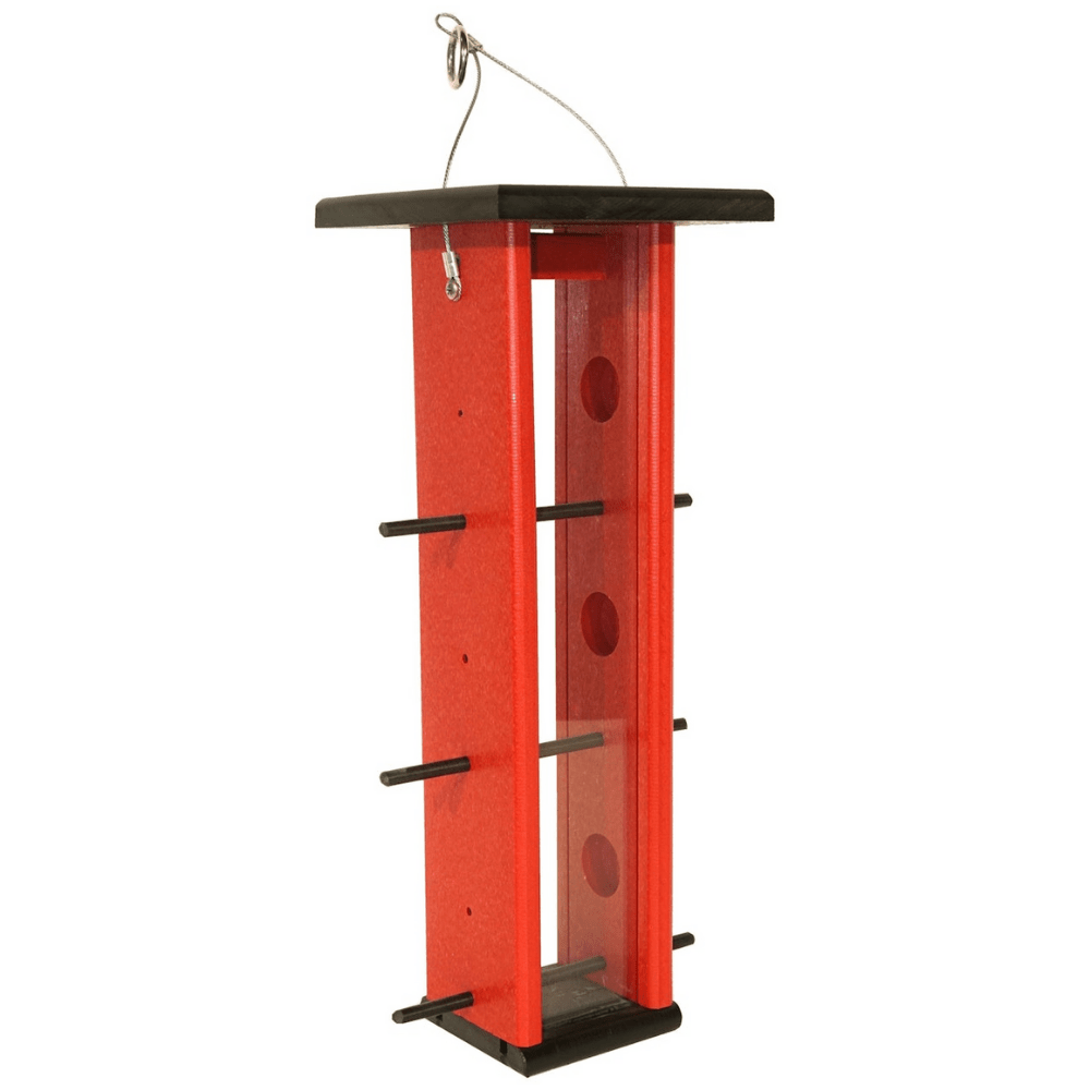 Red and black finch feeder on a white background