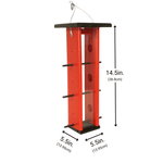 Red & Black finch feeder with dimensions labeled on a white background