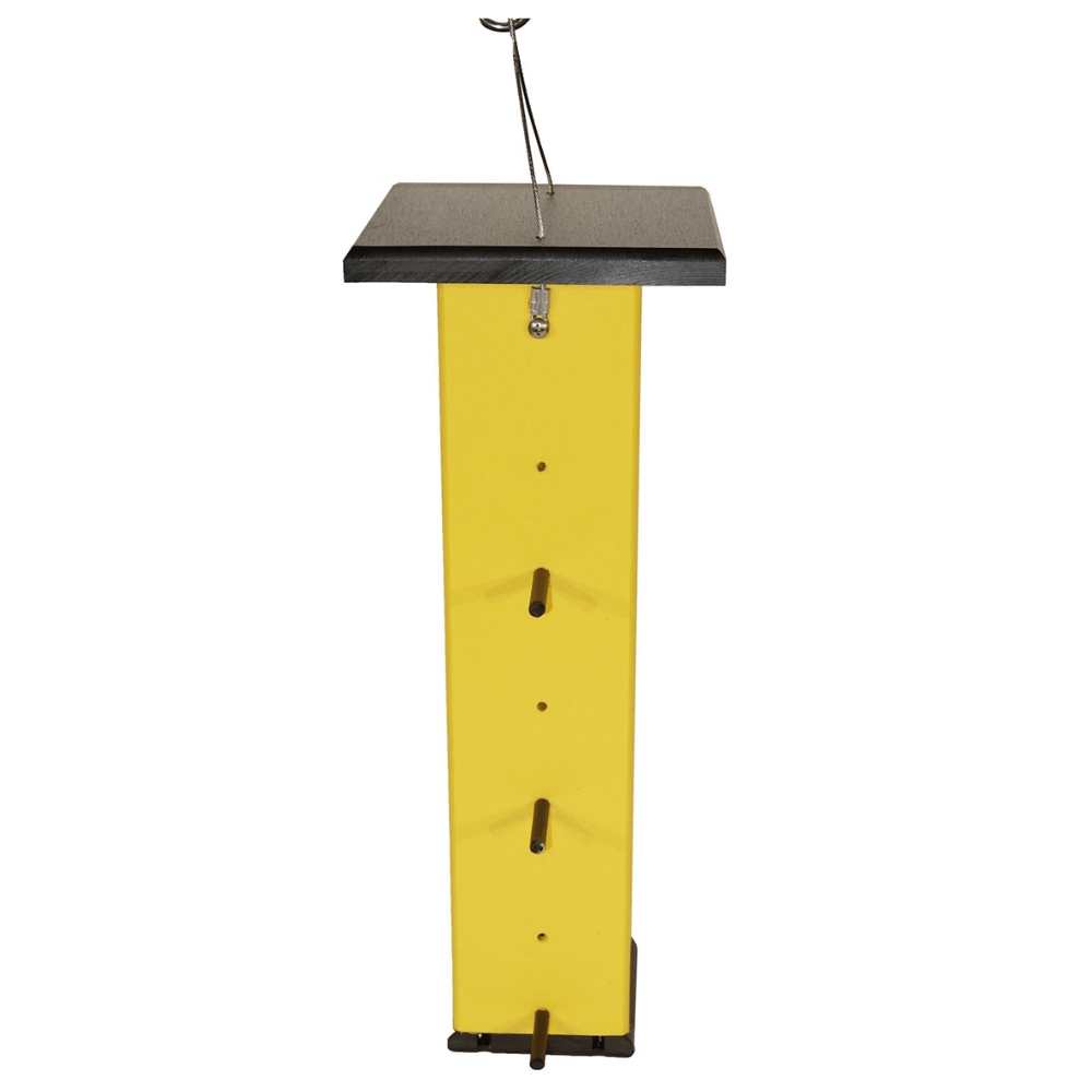 Yellow & Black finch feeder with 3 perches on the side 