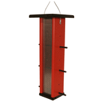 Red & Black finch feeder on a white background