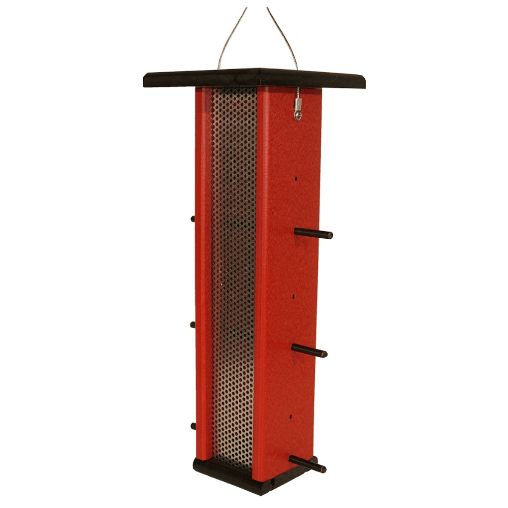 Red & Black finch feeder on a white background