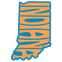 Map of Indiana with 'Indiana' text in blue and orange