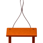 Orange hanging feeder with a looped cable on a white background