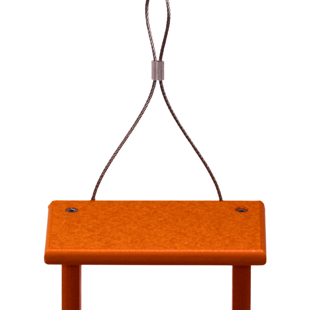 Orange hanging feeder with a looped cable on a white background