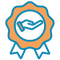 Icon of a handshake within a blue and orange badge