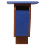Blue and brown birdhouse on a white background