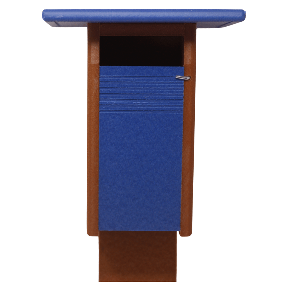 Blue and brown birdhouse on a white background