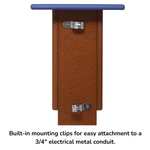 Bluebird house box with blue top and metal mounting clips on a white background
