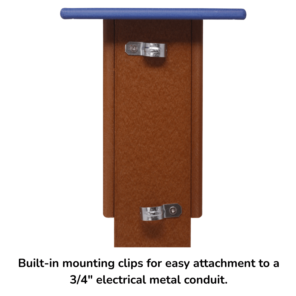 Bluebird house box with blue top and metal mounting clips on a white background
