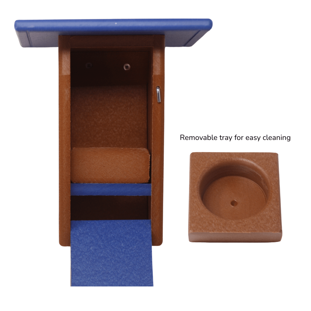 Bluebird house enclosure with a blue top and bottom, featuring a removable tray for easy cleaning.