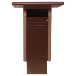 Bluebird house with a dark brown finish on a white background