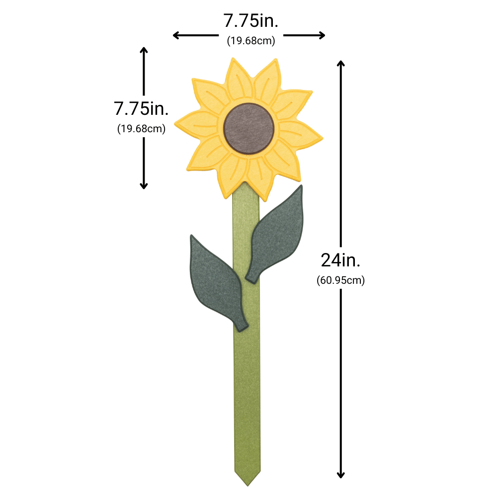 Measurement of Sunflower-shaped garden accent with yellow petals and green stem on a white background