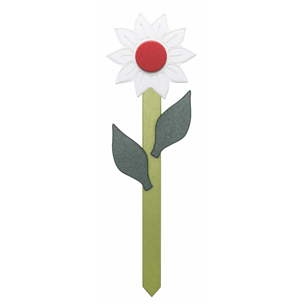 Sunflower-shaped garden accent with white petals and green stem on a white background