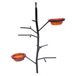 Steel framed Oriole bird feeder with orange bowls on a white background